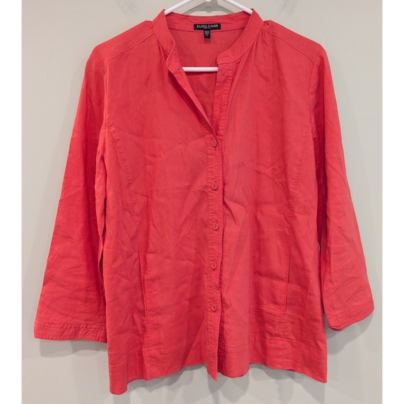 Eileen Fisher Coral Button Down Linen Blend Pocket Tunic Top Size Petite Medium - Picture 1 of 6
